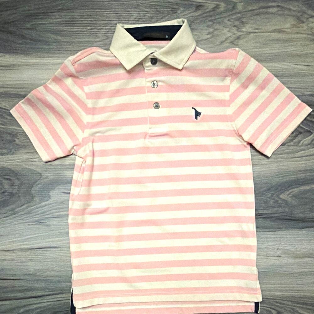 Greyson Boys Youth M 6-7 Golf Polo Pink White Stripe Stretch Short Sleeve